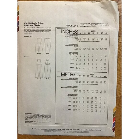 Childrens Pull On Pants and Shorts Pattern Stretch and Sew 874 UNCUT - Picture 2 of 6